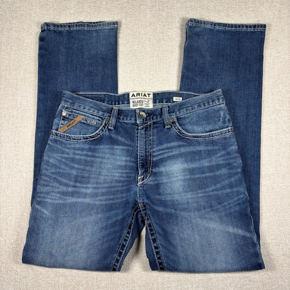 Ariat M4 Adkins Relaxed Boot Cut Jeans Mens 34x36 (34x35) Blue Denim Whiskering